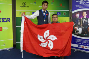 Andy Lam and Simon Kwok pose together with the flag of Hong Kong China